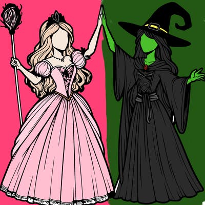 detailed realistic split of a princess and a witch
