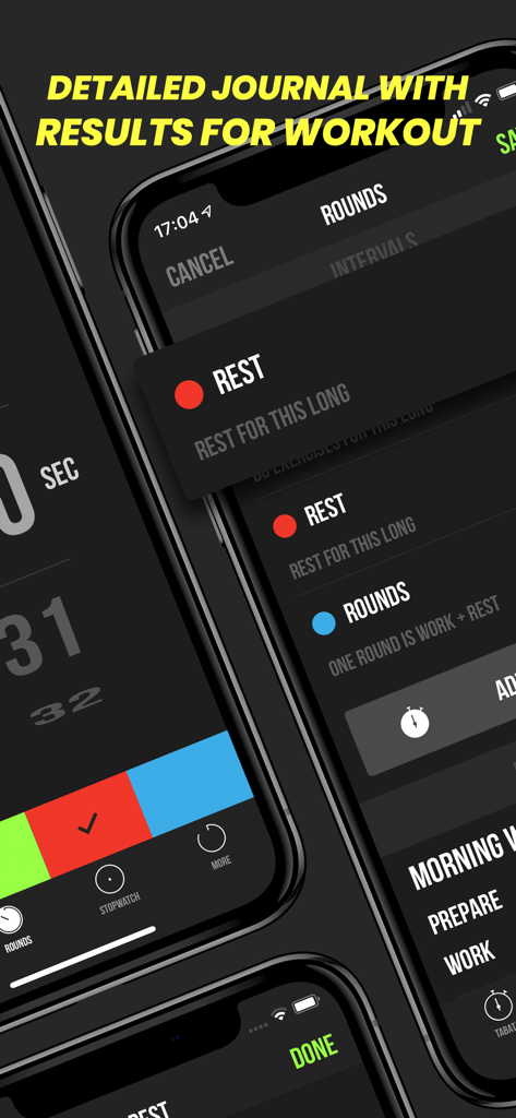 Timer Plus app workout journal and interval settings interface