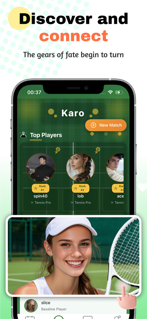 Karo - Shine & Video Chat - Karo app interface showing top tennis player rankings and social discovery features for athletes