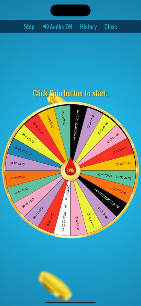 Spin The Wheel, Random Picker - A colorful game show style spinner wheel with monetary values and game labels