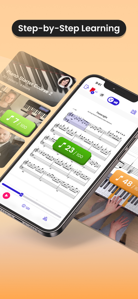 Learn Piano – OKTAV - Step by step piano learning interface in the OKTAV app showing sheet music and progress tracking