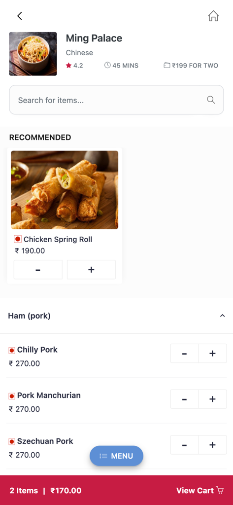 Mobile screenshot of the PESITO app displaying a Chinese restaurant menu with food items and prices