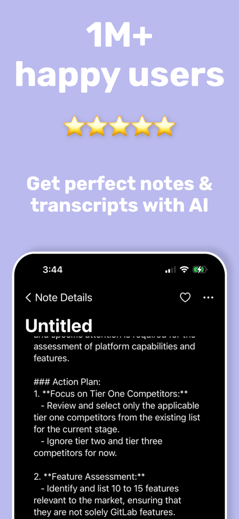 Notk-نوتك: AI Note Taker - Notk app showing an AI generated meeting action plan and transcripts