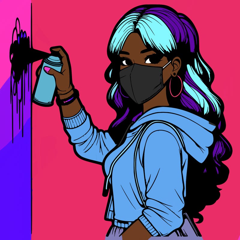 realistic girl with mask spray painting a wall