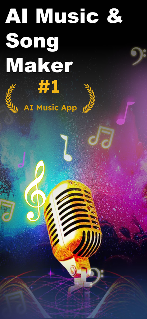 AI Music and Song Maker app promotional screen featuring a golden microphone and colorful glowing musical notes