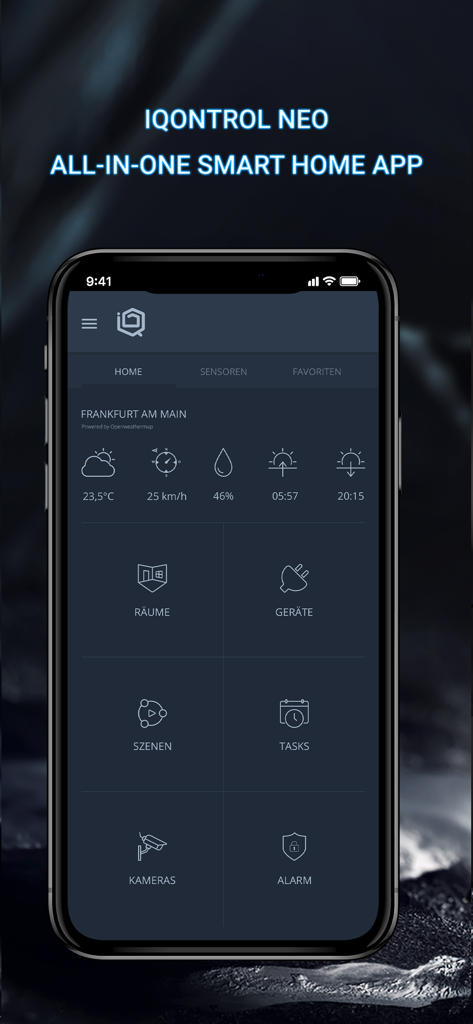 mediola IQONTROL NEO - Mediola IQONTROL NEO smart home app dashboard interface showing weather and control tiles