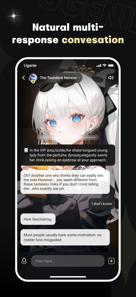 UGenie: AI Chat & Dungeon - UGenie app interface displaying a conversation with an anime style AI character named The Tsundere Heiress showing natural multi-response text.