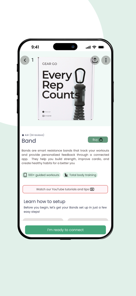Habeats fitness - Página do produto para as bandas de resistência inteligentes Gear Go no aplicativo Habeats fitness, mostrando configuração e recursos de treino