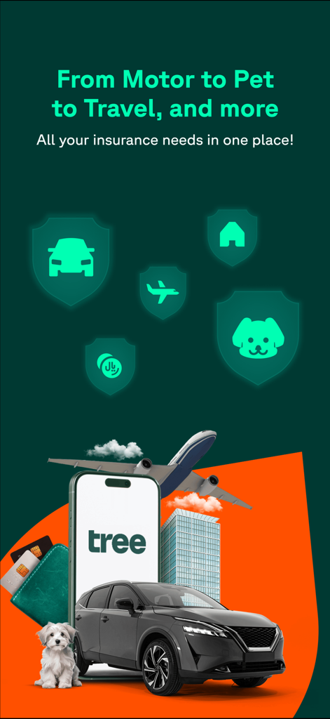 Tree Insurance - Tree Insurance app showing car pet travel and home insurance coverage options