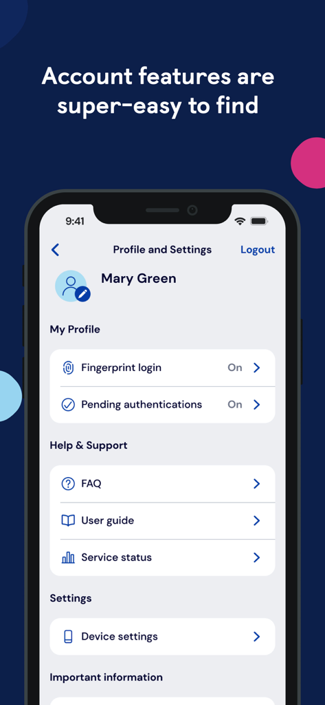 Tela de perfil e configurações do aplicativo TSB Business Mobile mostrando login por impressão digital e opções de ajuda