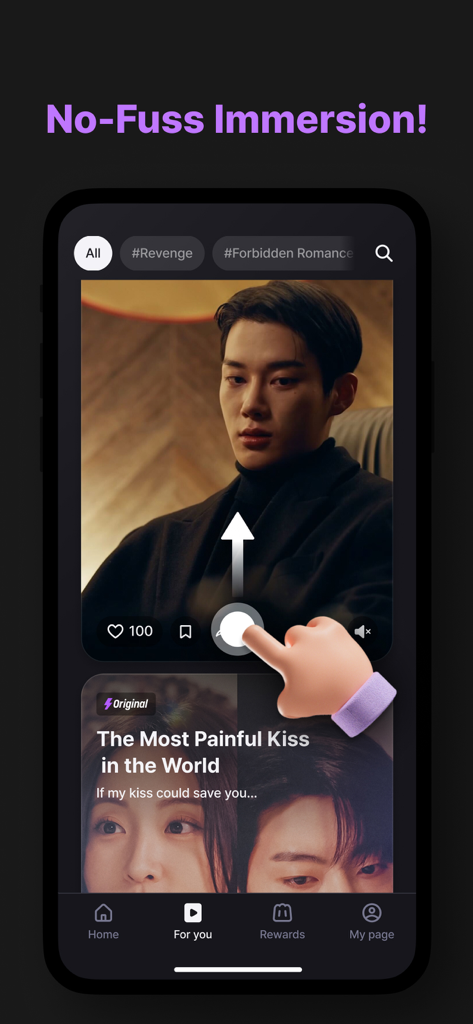 Shortcha app interface showing a vertical drama video with a swipe up gesture icon