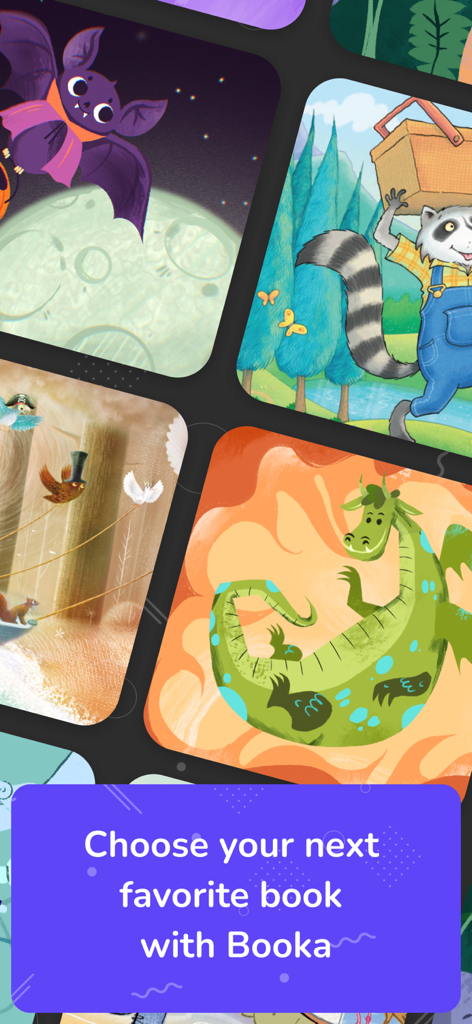 A collection of colorful children's book illustrations in the Booka app library.
