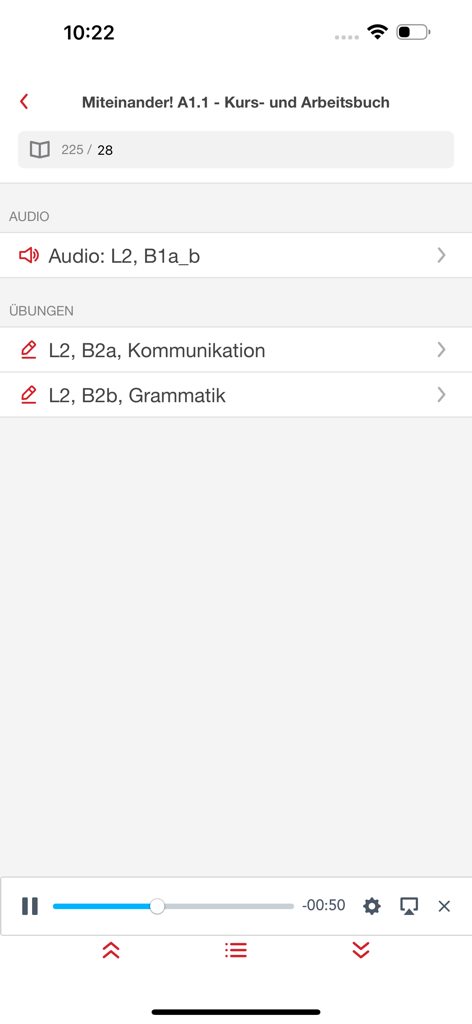 Hueber interaktiv - Interfaz del libro de curso de alemán digital en la aplicación Hueber interaktiv con audio y ejercicios interactivos