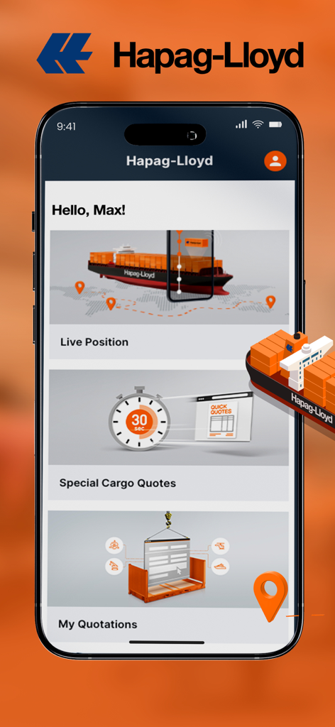 Hapag-Lloyd Mobile App - Hapag-Lloyd Mobile App Startbildschirm mit Dashboard-Funktionen wie Live Position und Spezialfrachtangeboten