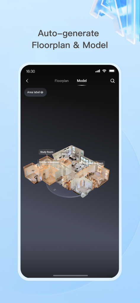 Realsee 3D virtual tour - Una pantalla de smartphone que muestra un modelo 3D de casa y plano de planta autogenerados con habitaciones etiquetadas como estudio y dormitorio principal