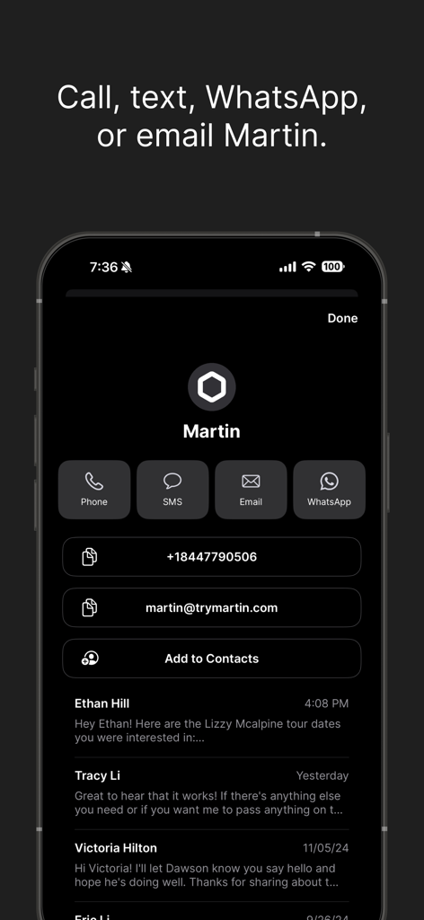 Interface of Martin Personal Assistant app showing multiple contact options including phone, SMS, email, and WhatsApp.