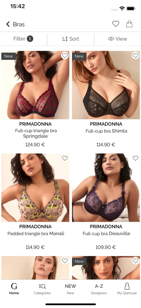 Glamuse – Lingerie - Glamuse app shopping screen showing high-end Primadonna bras for women