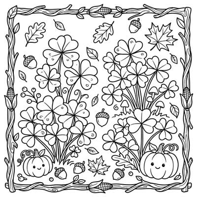 Embrace the cozy spirit of autumn with this delightful coloring page featuring lush shamrock plants intertwined with seasonal harvest elements. Perfect for a relaxing fall activity, this design invites you to add a splash of color to smiling pumpkins and falling leaves.