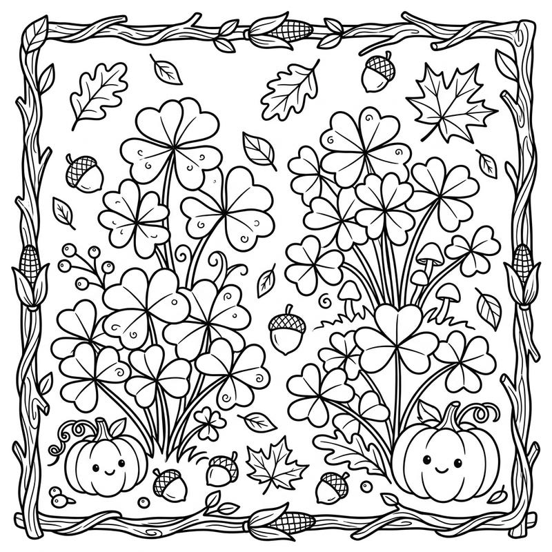 Embrace the cozy spirit of autumn with this delightful coloring page featuring lush shamrock plants intertwined with seasonal harvest elements. Perfect for a relaxing fall activity, this design invites you to add a splash of color to smiling pumpkins and falling leaves.