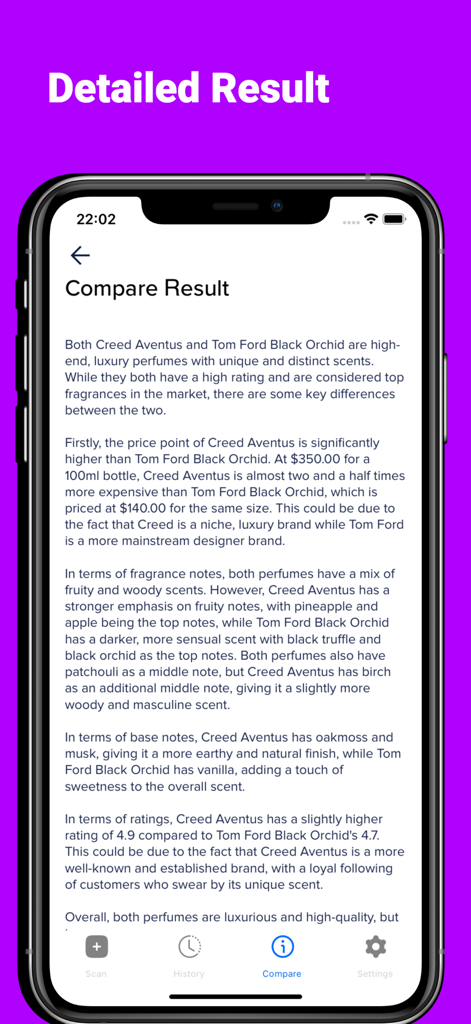 Comparison screen of the AI Perfume Identifier app showing a detailed analysis between Creed Aventus and Tom Ford Black Orchid