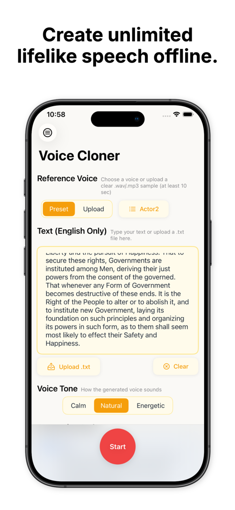 Chinny: Offline Voice Cloner - Interface of the Chinny app on an iPhone showing options to clone a voice using text input and adjustable voice tones