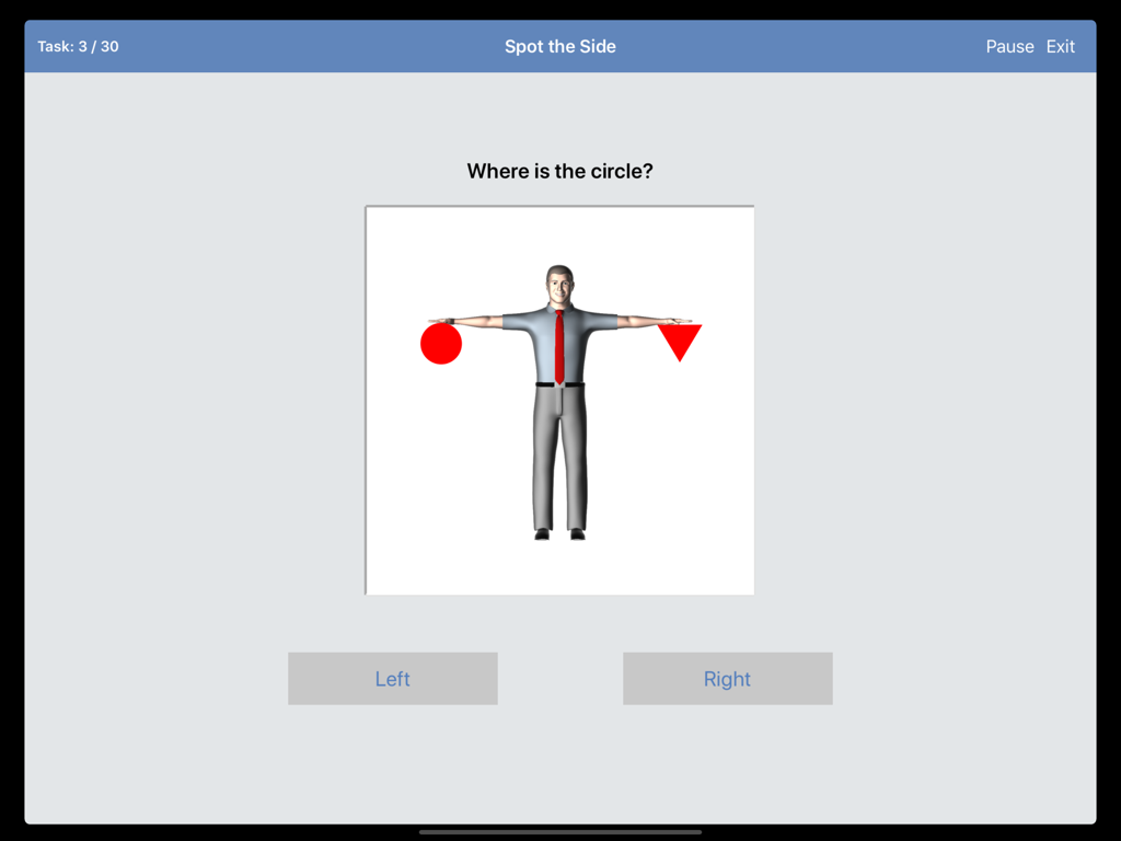 Modulo di formazione sull'orientamento spaziale Spot the Side nell'app SkyTest Air Traffic Controller.