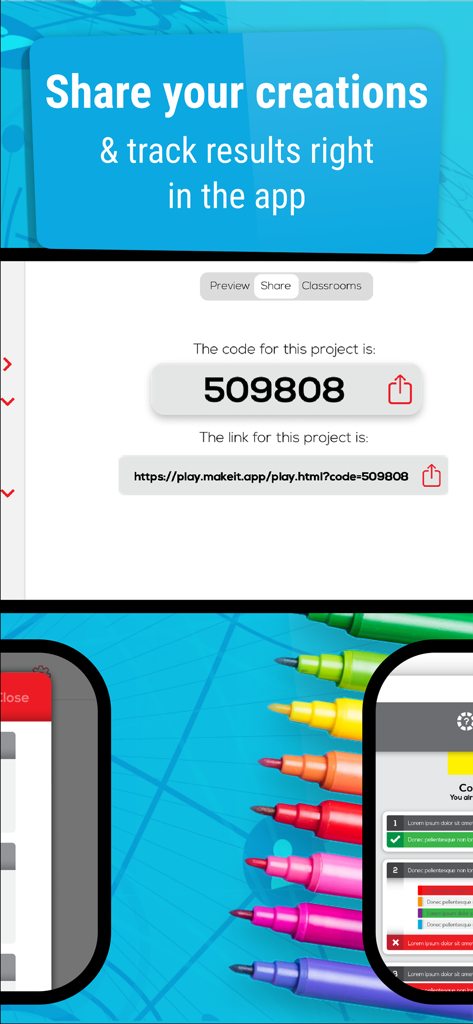 Sharing screen for educational games with project code and link options