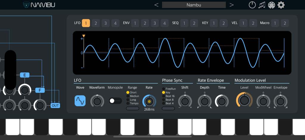 Nambu AUv3 synthesizer interface showing LFO modulation settings and waveform visualization