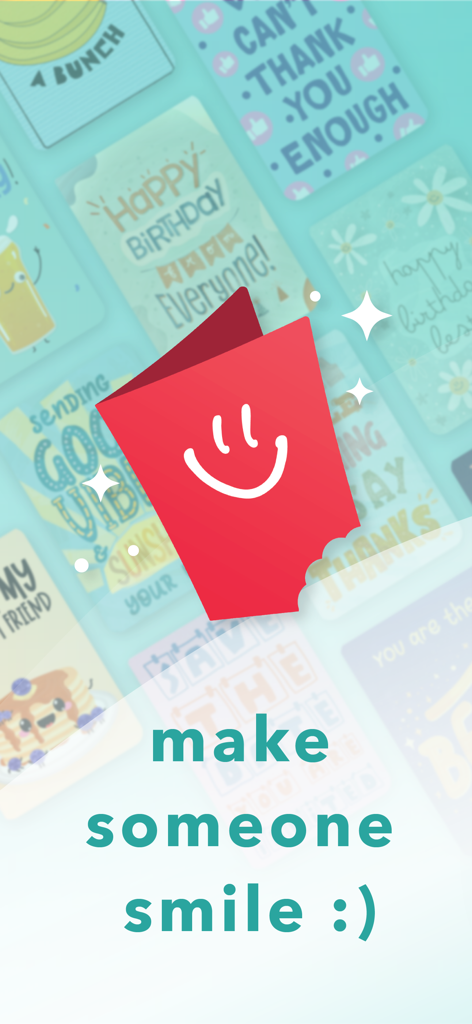 CardSnacks: ecards, greetings - Eine rote Grußkarte mit einem Smiley-Logo in der Mitte über einem Hintergrund aus bunten digitalen Karten mit dem Text 'Make someone smile'.