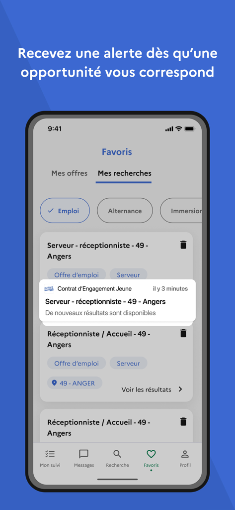 Contrat d'Engagement Jeune - Mobile app screen showing job search favorites and a push notification for a new job alert
