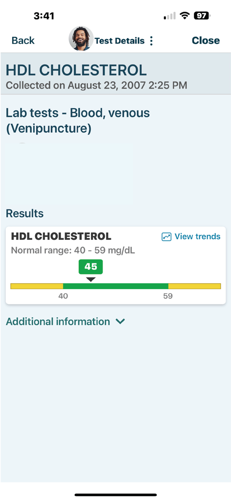 MyKelsey - MyKelsey app screen showing HDL cholesterol blood test results and range