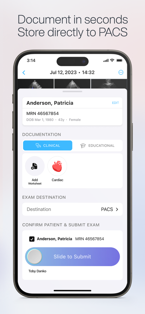 Exo Iris™ - Exo Iris mobile app screen for ultrasound documentation and direct PACS storage