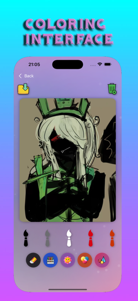 Interfaz de coloreado digital de la app Forsaken Coloring for Blox con una ilustración de personaje vanguardista y herramientas de dibujo creativas.