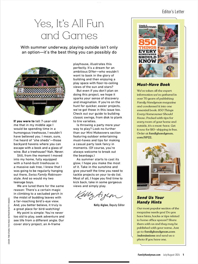 The Family Handyman - Página digital da revista do aplicativo The Family Handyman apresentando uma carta do editor e um projeto de casa na árvore no quintal.
