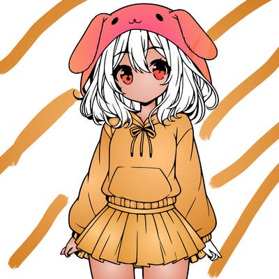 pretty anime girl wearing a fluffy hoodie with bunny ears on the hood and a skirt
