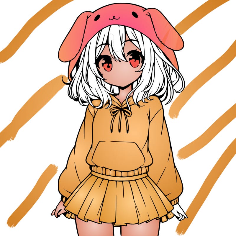 pretty anime girl wearing a fluffy hoodie with bunny ears on the hood and a skirt