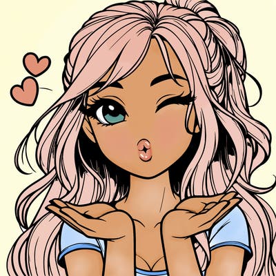 realistic girl winking and blowing a kiss while making heart hands