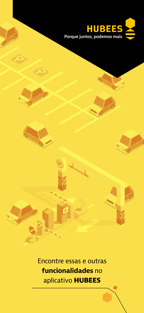 Hubees: Desconto ao estacionar - Isometric illustration of a parking lot with cars on a yellow background for the Hubees parking app promotion.