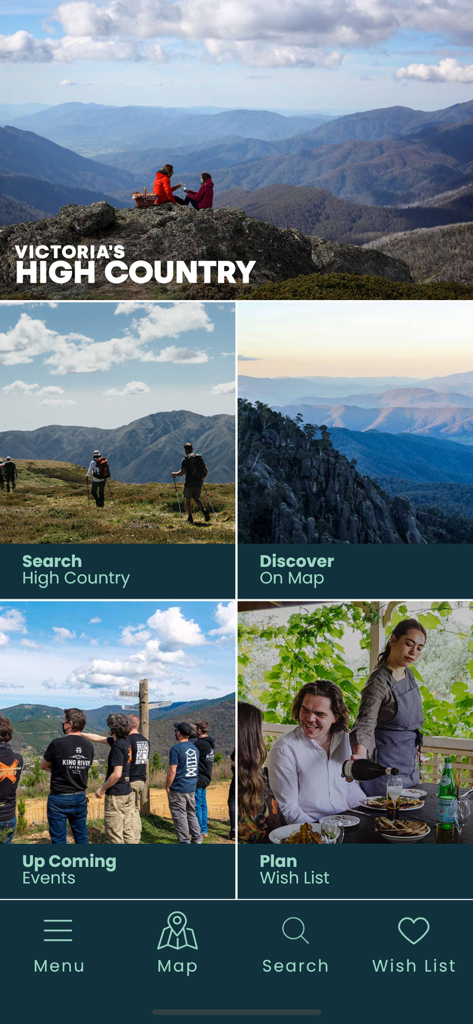 Victoria's High Country - La schermata principale dell'app di viaggio Victoria's High Country con sezioni per ricerca, scoperta mappe, eventi imminenti e pianificazione della lista dei desideri.
