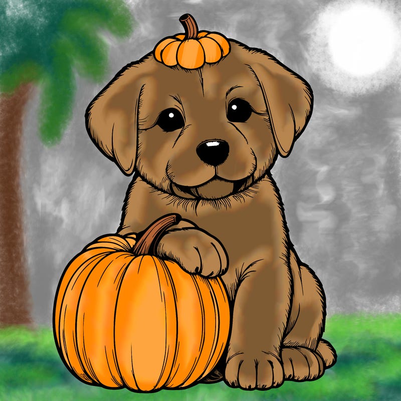 a realistic puppywith a pumpkin on his head