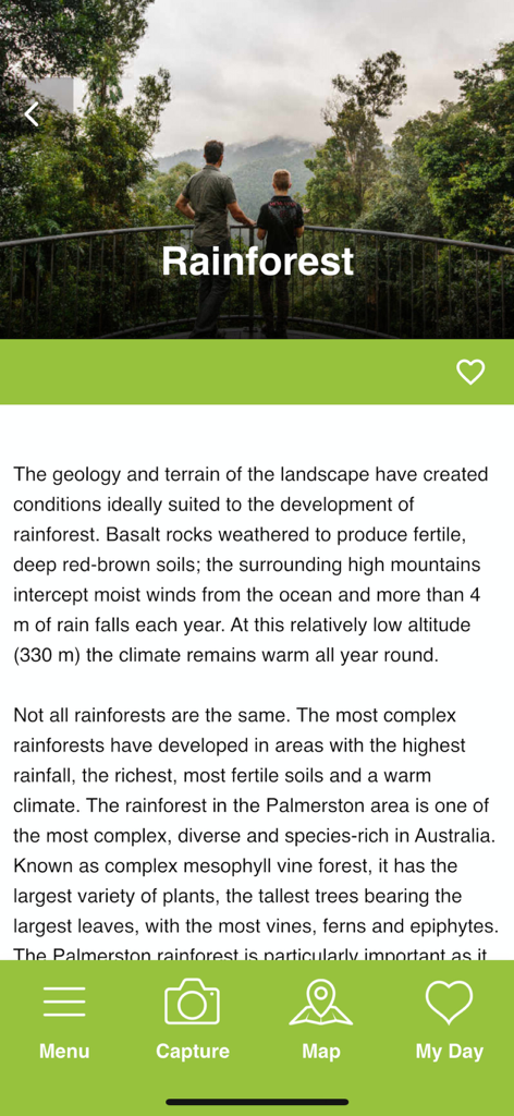 Mamu Tropical Skywalk - A screenshot from the Mamu Tropical Skywalk app showing descriptive text about the local rainforest geology and terrain with a scenic background image of visitors looking out over the canopy.