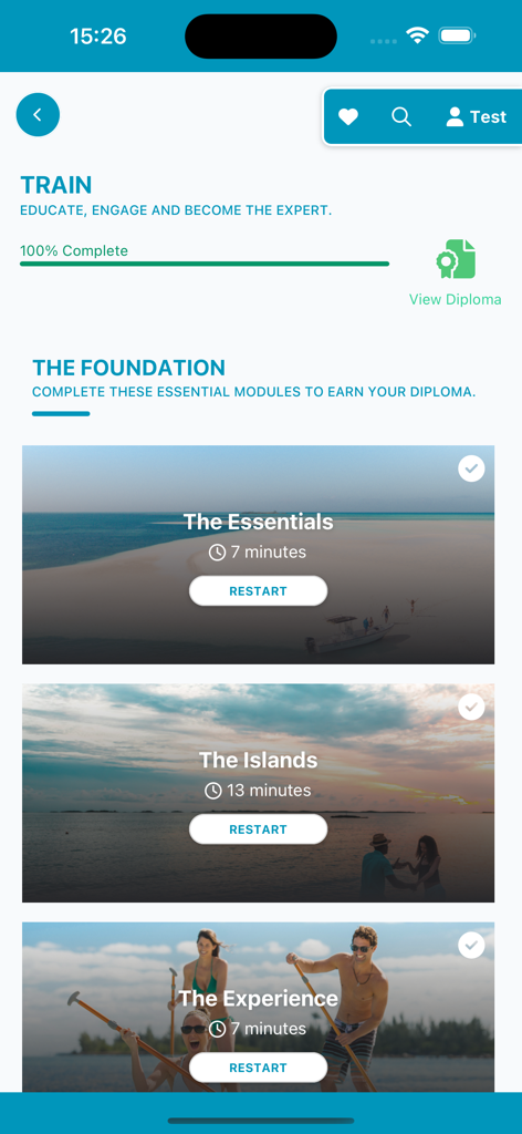 The training interface of the Bahamas Specialist app showing completed educational modules for travel advisors.