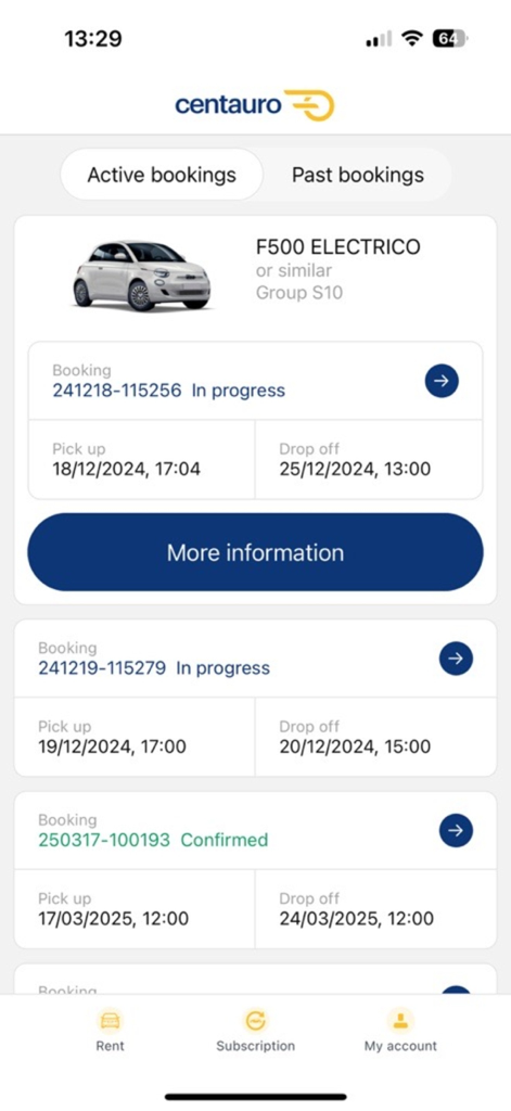 Interfaz de la app Centauro Rent a Car que muestra una lista de reservas de alquiler de coches activas y confirmadas con detalles de recogida y devolución.