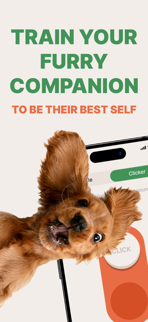 A happy puppy next to a smartphone screen showing a dog training clicker app feature