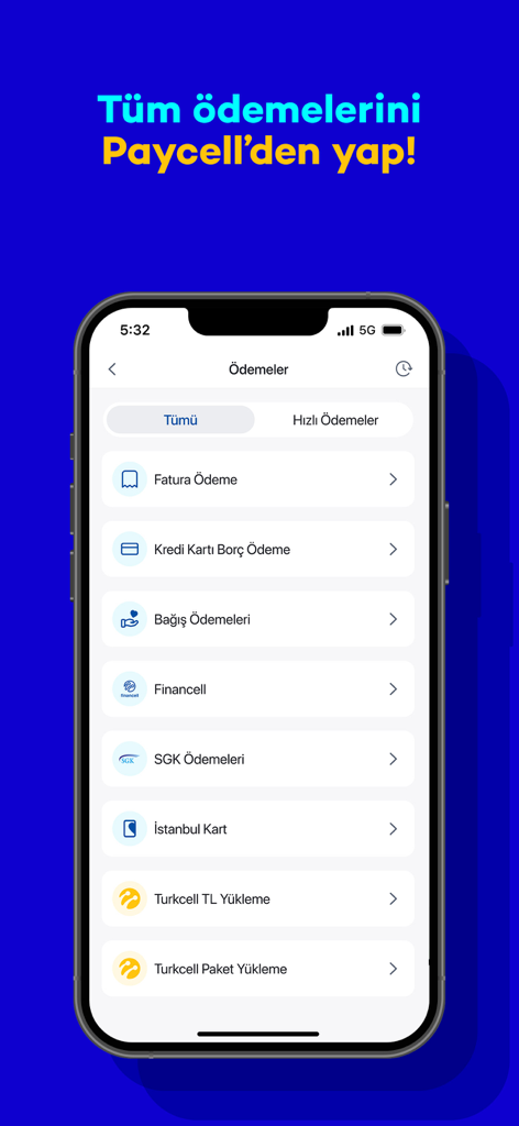 Paycell app interface on a smartphone showing a menu with various payment options including bill payment and IstanbulKart top-up