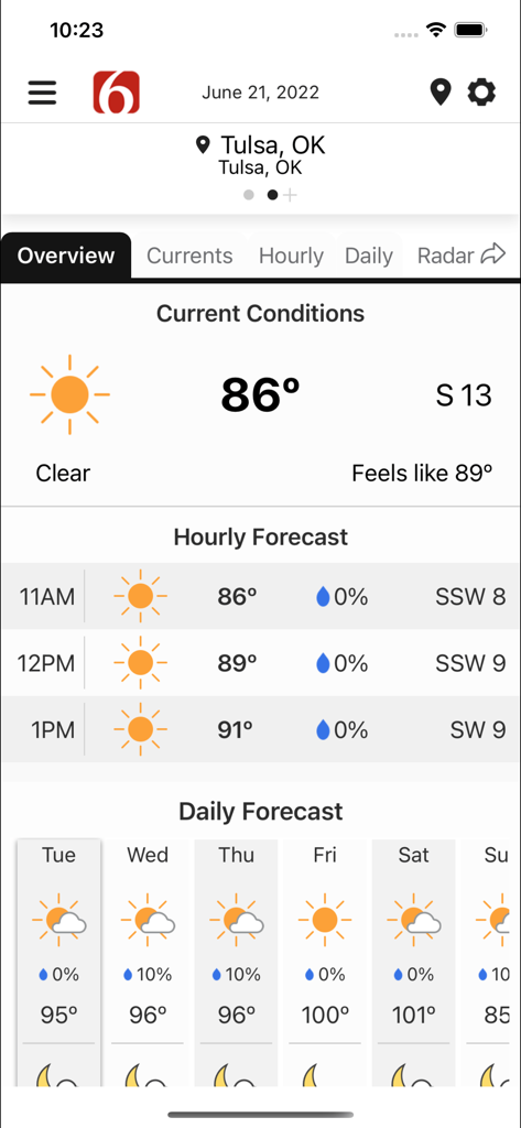News on 6 Weather - News on 6 Weather app interface showing current temperature and daily forecast for Tulsa Oklahoma