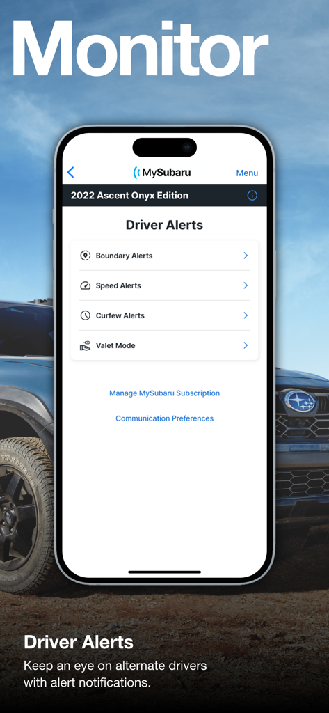 MySubaru app interface showing driver alert settings for boundary speed and curfew monitoring on a smartphone