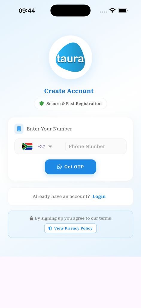 Taura - Taura app account creation screen with phone number input field and Get OTP button
