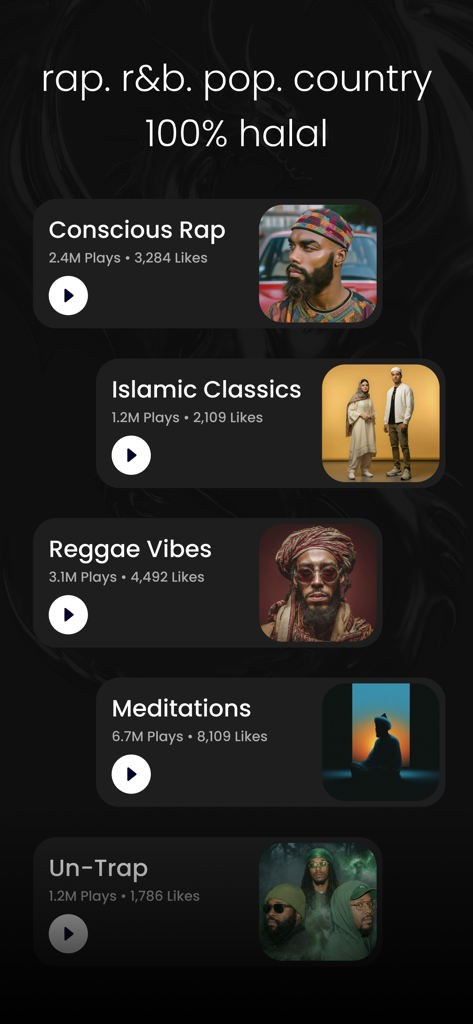 Mystic Meditation Records - A screen from the Mystic Meditation Records app displaying halal music categories like Conscious Rap Islamic Classics and Meditations with their respective play counts