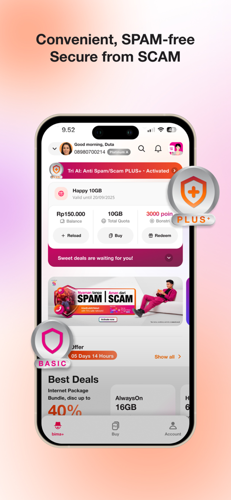bima+ - Mobile screen of bima plus app showing account balance and anti spam security features